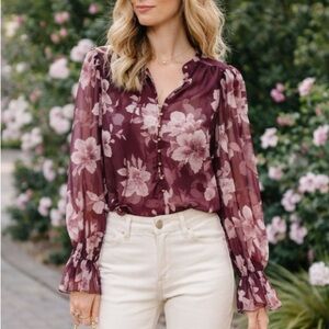 En Saison Annalise Floral Blouse Plum Gray Size Medium NWT